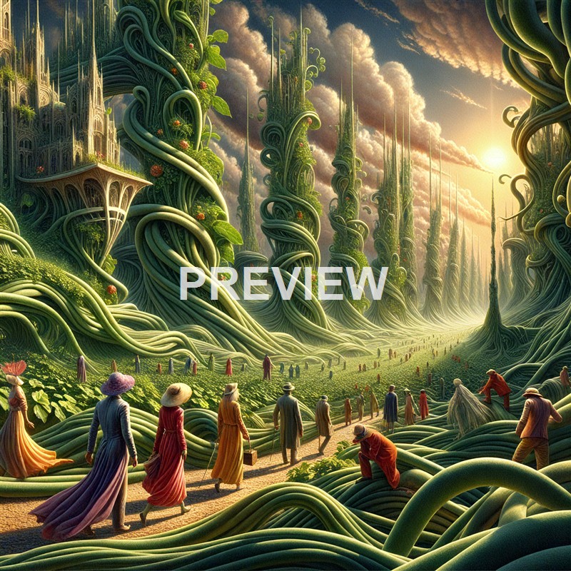 A fantastical landscape with towering, twisting green structures resembling giant vines or plants, leading to futuristic buildings with intricate architecture, under a dramatic sky with clouds and sunlight, and people walking along a winding path in vintage clothing.